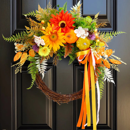Couronnes d'automne Yannew pour porte d'entrée extérieure, couronne de citrouille de pomme de pin d'automne avec feuilles d'érable, décoration de Thanksgiving pour Patio de maison