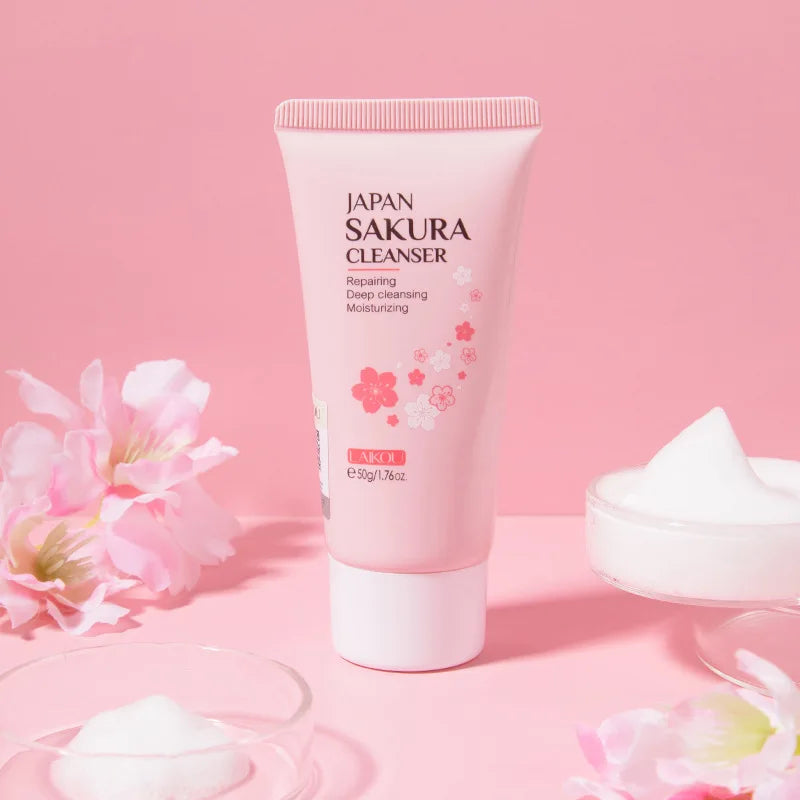 LAIKOU japon Sakura nettoyant doux nettoyage en profondeur contrôle de l'huile hydratant rétrécit les Pores visage soins de la peau nettoyant pour la peau 50g